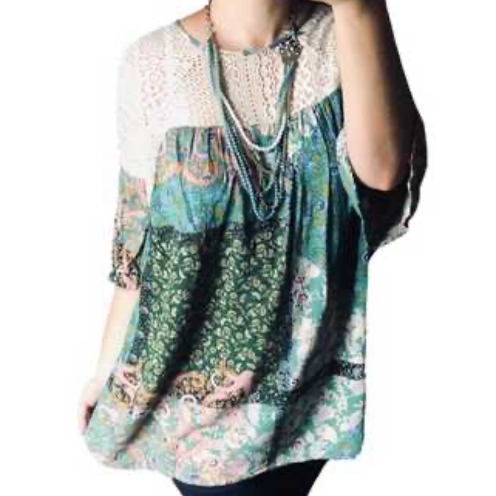 Umgee Bohemian Patchwork Blouse With Crochet Lace… - image 1